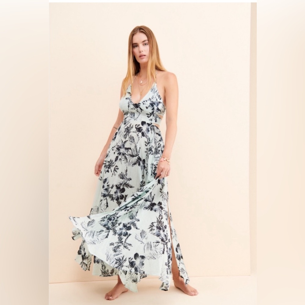 Free People Lille printed maxi dress Blue Celadon Hawaiian XS